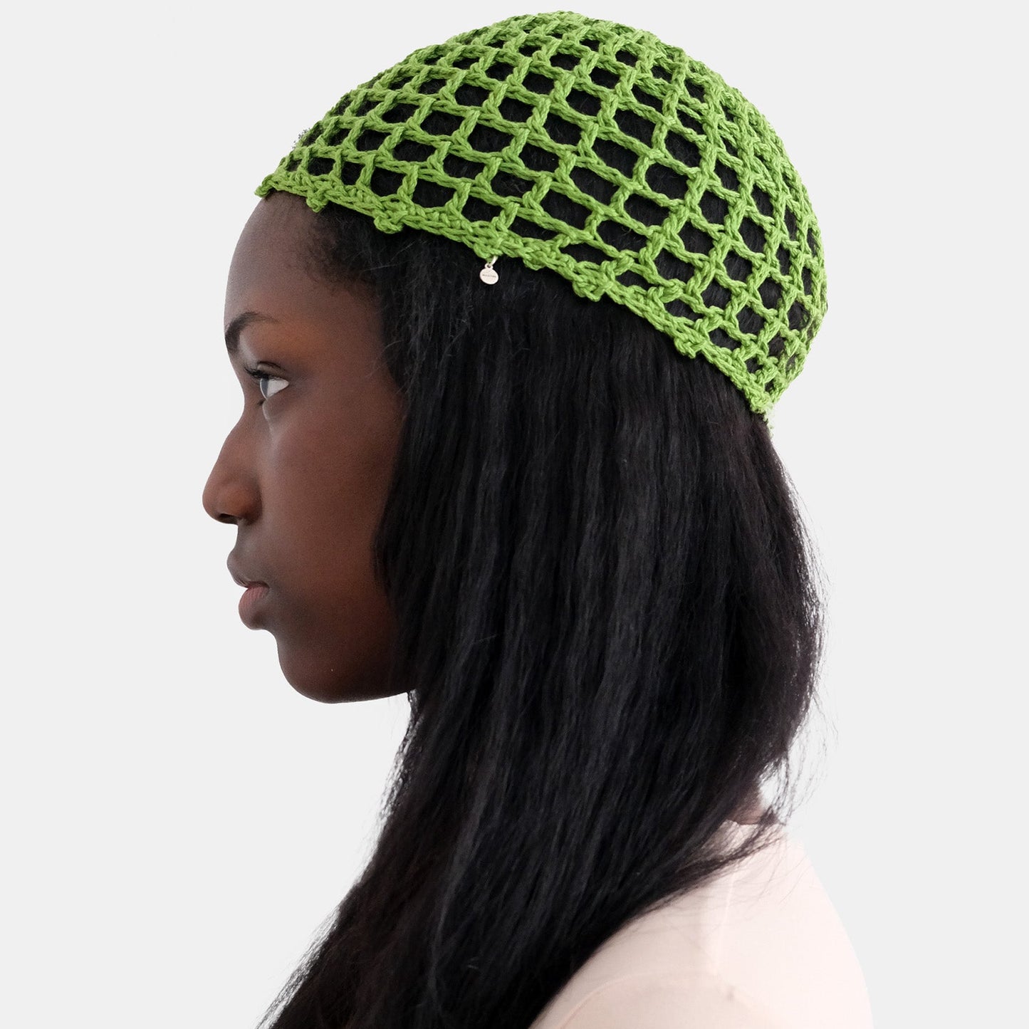 Mercer mesh crochet bonnet cap Green side view — MARVES New York handmade