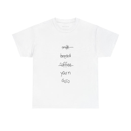 MAKER'S ESSENTIALS, YARN + DISCO SHOPPING LIST GRAPHIC TEE