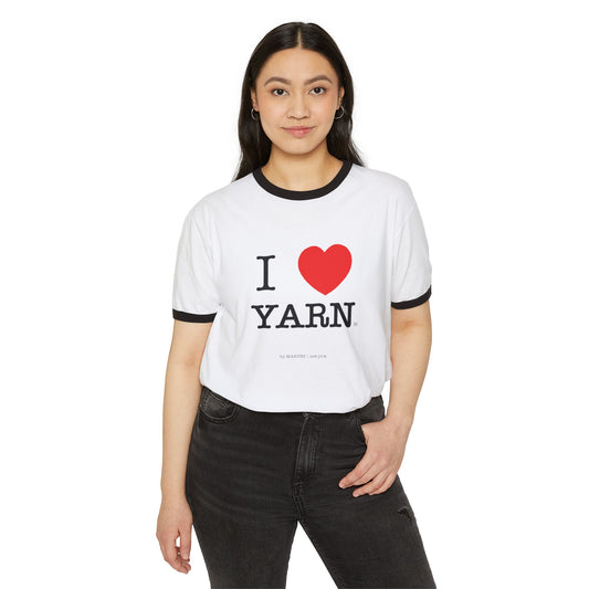 I LOVE YARN RETRO STYLE RINGER TEE FOR CRAFTERS + YARN LOVERS