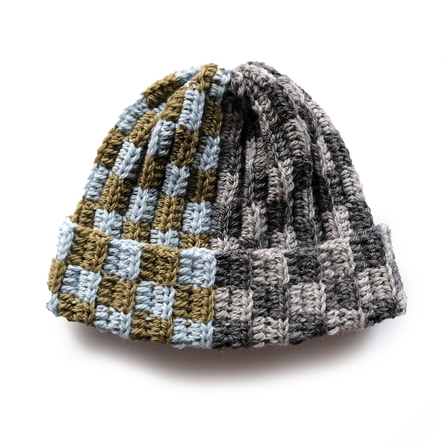 Mizzle Blue multi-checkered crochet wool beanie worn — slow fashion NYC MARVES