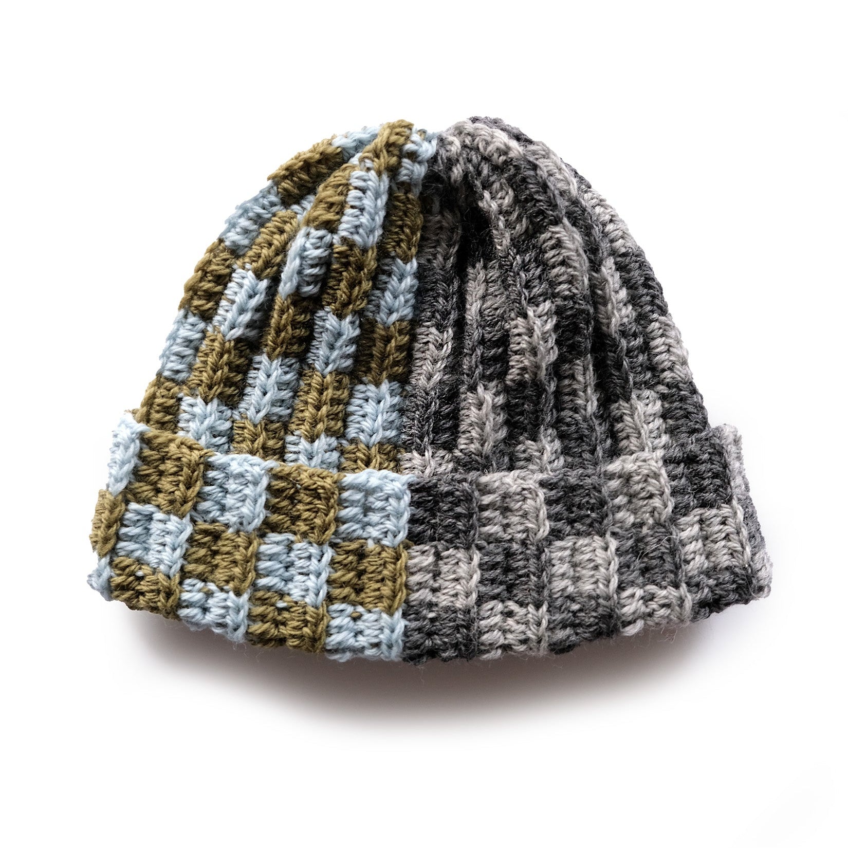 Mizzle Blue multi-checkered crochet wool beanie worn — slow fashion NYC MARVES