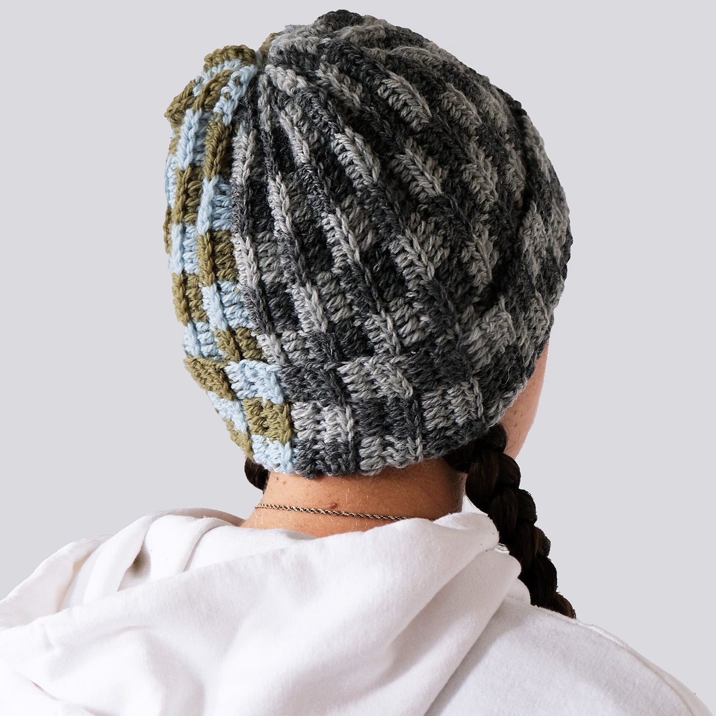 Handmade checkered crochet beanie in Mizzle Blue styled — MARVES New York NYC