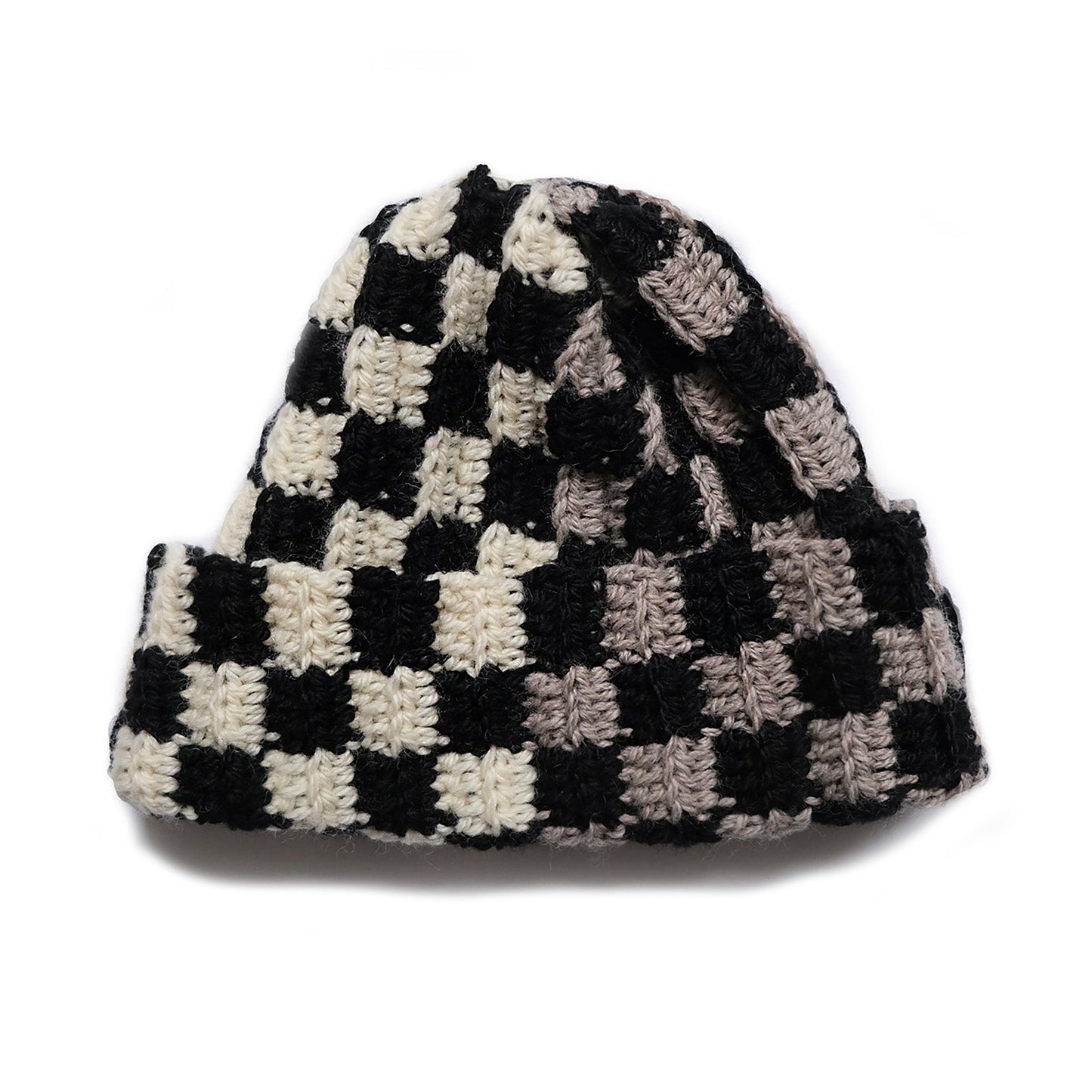 Noir Black checkered crochet beanie handmade NYC — 100% wool MARVES New York