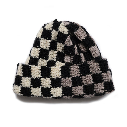 Noir Black checkered crochet beanie handmade NYC — 100% wool MARVES New York