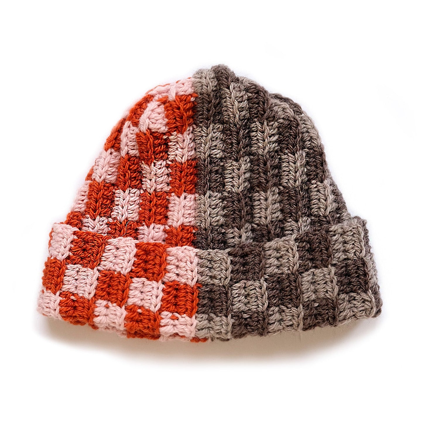 Sorbe Pink multi-checkered crochet wool beanie — handmade NYC MARVES New York
