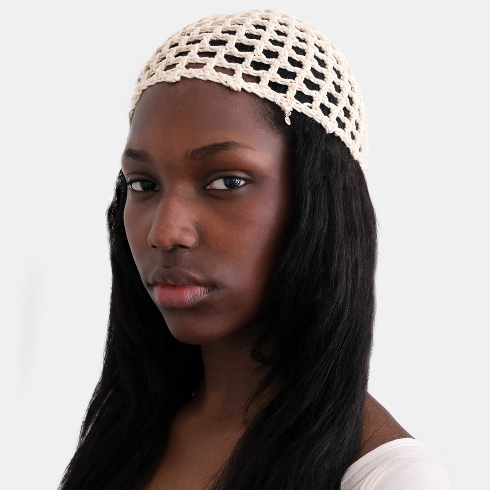 Handmade stretch cotton crochet beanie with logo charm — MARVES New Y