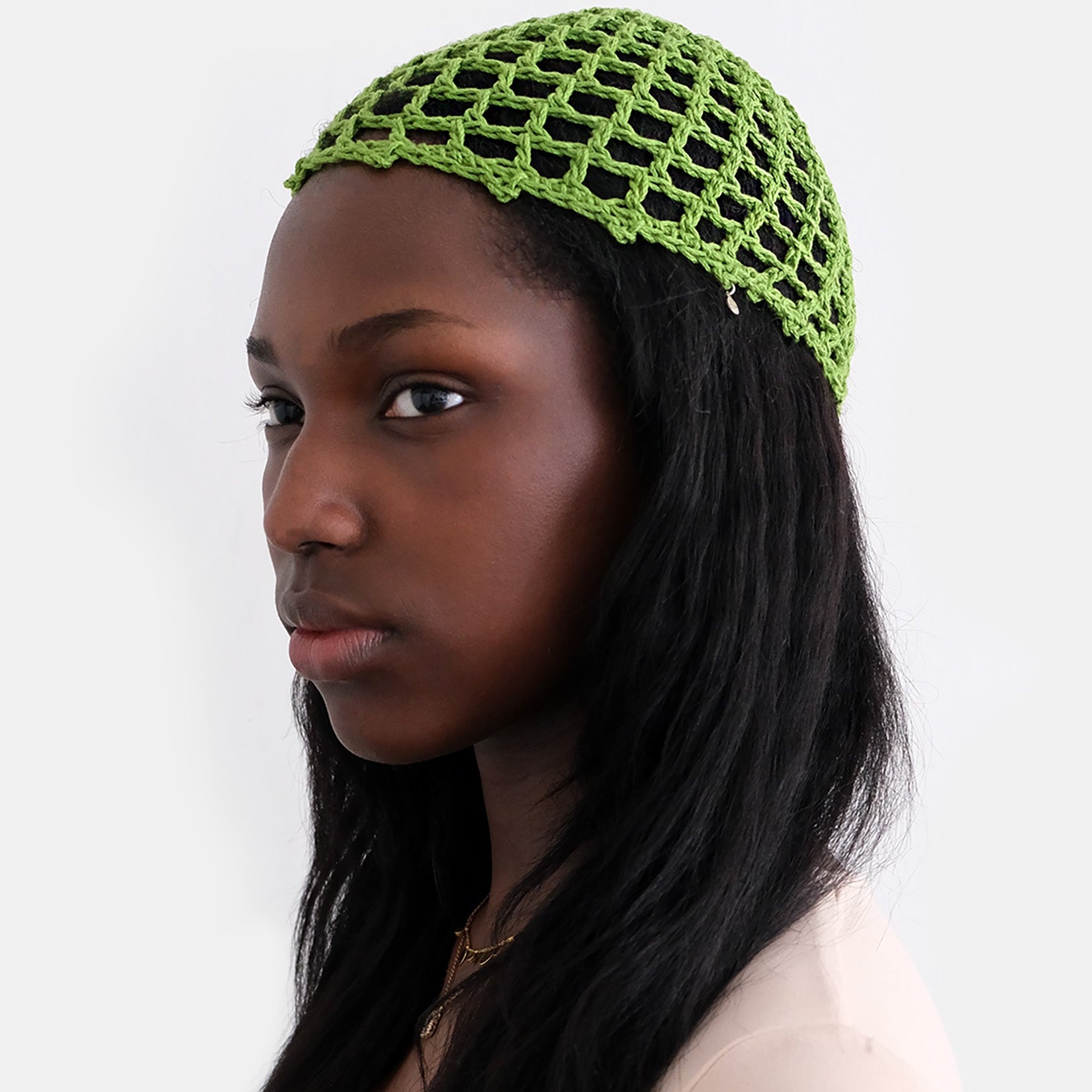 Handmade crochet mesh bonnet in Green — stretch cotton NYC MARVES New York