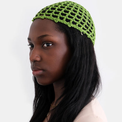Handmade crochet mesh bonnet in Green — stretch cotton NYC MARVES New York