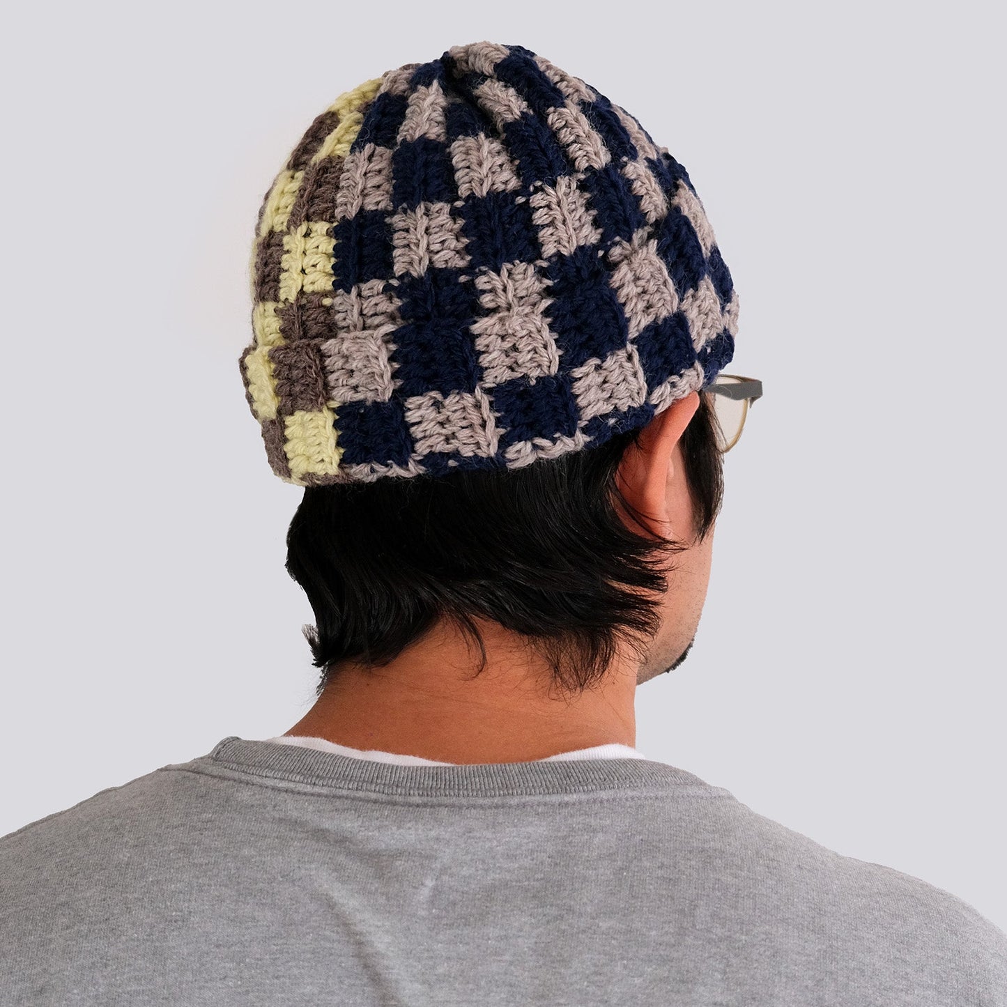 Short roll checkered crochet beanie in Huli Yellow — MARVES New York handmade