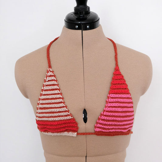 One of a kind handmade crochet bikini top side view — upcycled natural fibers MARVES New York
